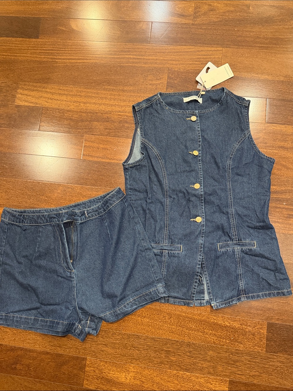 Commense Dark Blue Denim Vest & Shorts Set